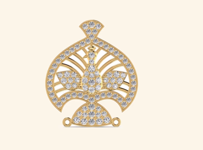 Tear-drop pavé peacock pendant with spread-tail design on twin loops.