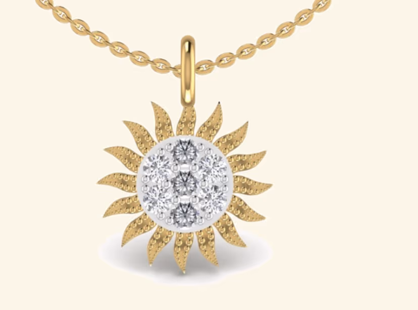 Sun-radiance pendant with ribbed gold flame rays around a central pavé cluster.