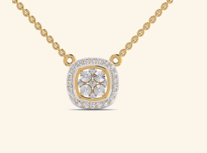 Cushion halo pendant with diamond cluster centre and pavé border.