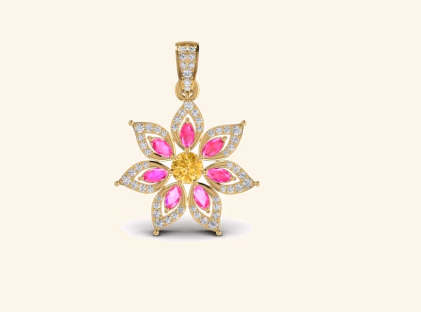 Pink ruby and diamond floral pendant with central yellow citrine accent.