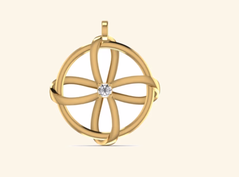 Open circle ribbon-knot pendant with single bezel-set diamond at the centre.
