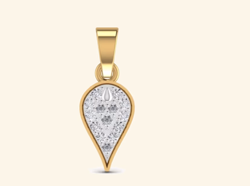 Inverted teardrop pendant with two-tone pavé infill and droplet accent.