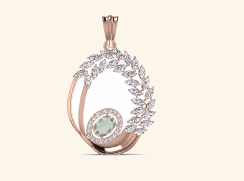 Rose-gold open-circle wreath pendant with marquise leaves and oval green amethyst halo.