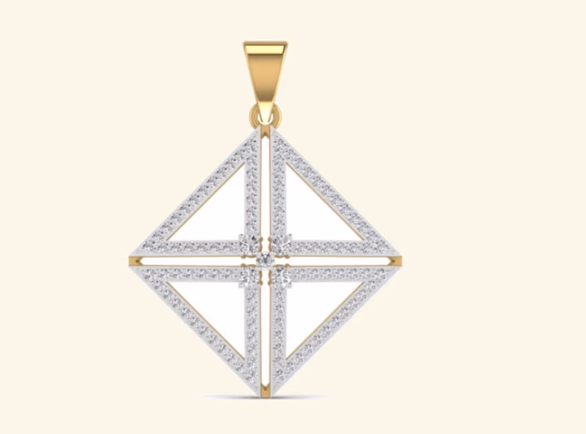 Tilted square geometric pendant with pavé borders and a central diamond.