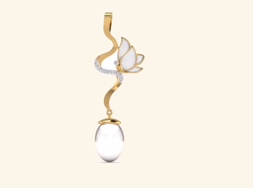 Lotus and pearl drop pendant with diamond curl and white enamel petals.