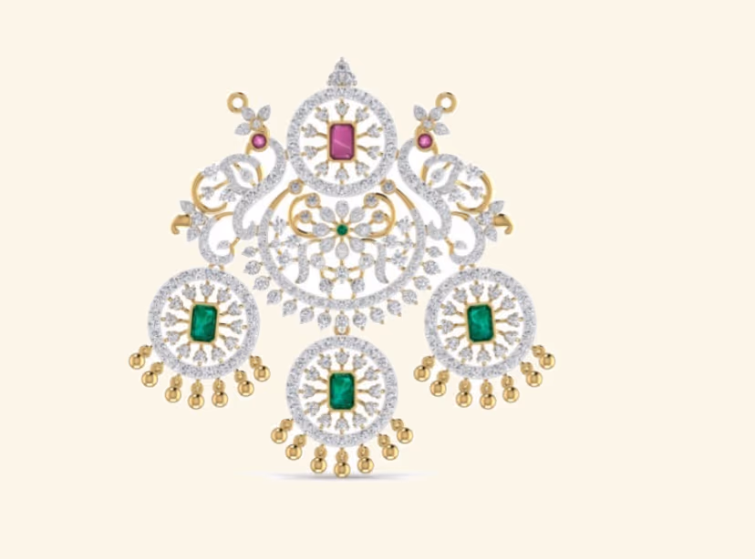 Bridal nakshatra pendant with emerald and ruby cabochons in a scrollwork frame.