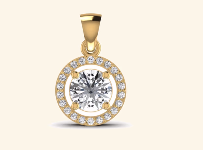 Round halo solitaire pendant with offset side bail.