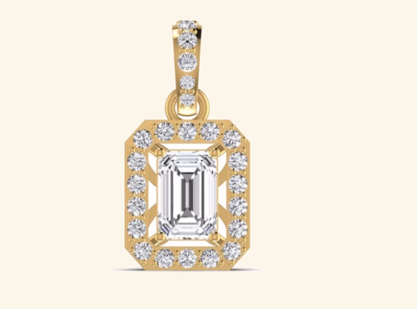 Emerald-cut centre diamond pendant with full pavé halo and matching pavé bail.