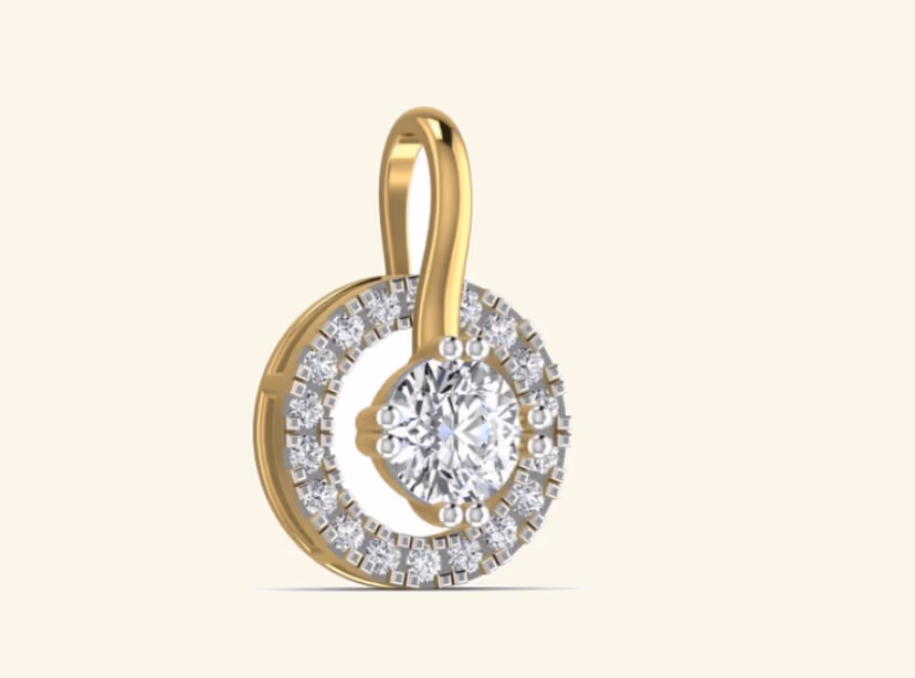 Round halo solitaire pendant with offset side curl bail.