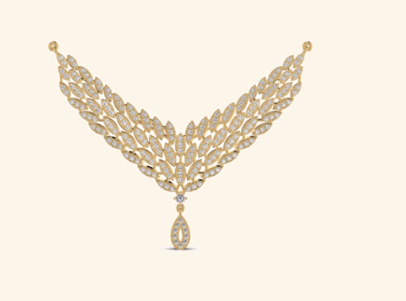 V-shape leaf-cluster pendant with central peacock motif and pear drop.
