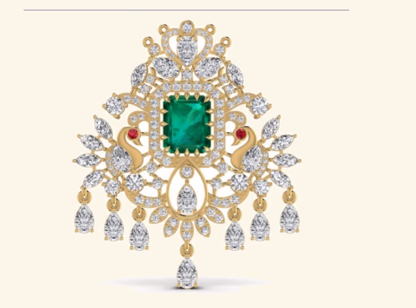 Bridal pendant with emerald square centre, peacock side motifs and pear-drop fringe.