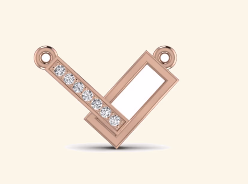 Rose-gold V checkmark pendant with pavé column on one side.
