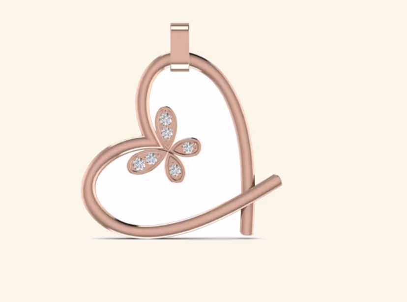 Rose-gold heart pendant with pavé butterfly accent inside an open frame.