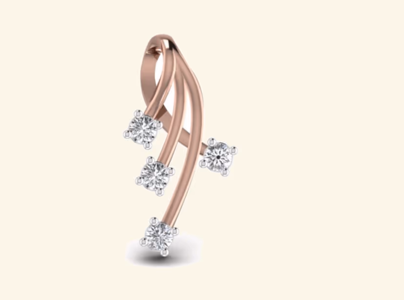 Rose-gold ribbon-stem pendant with three round prong-set diamonds at varying heights.