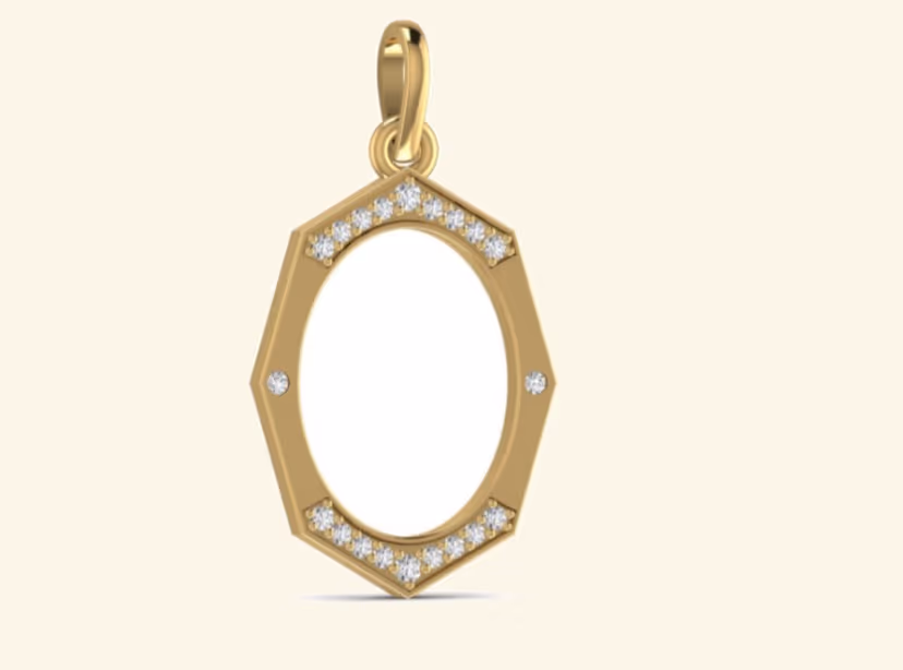 Octagonal photo-frame style pendant with pavé V tips and bezel side accents.
