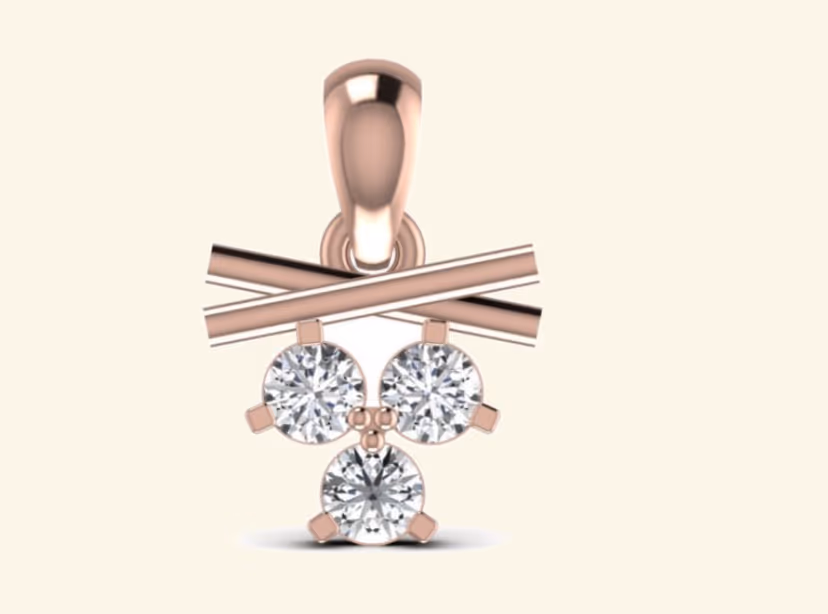 Rose-gold three-stone scattered cluster pendant with crossed gold bars.