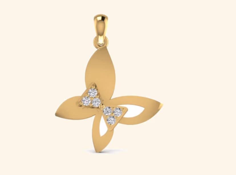 Pavé butterfly pendant with three-diamond accent body and gold wings.