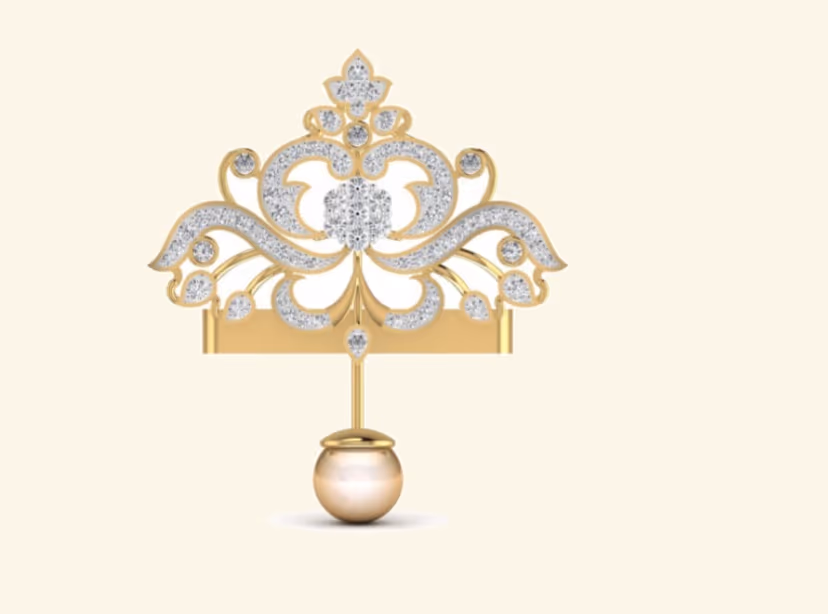 Crown-shape ornate scrollwork pendant with pearl drop and pavé filigree.
