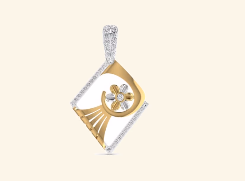 Diamond-shape kite pendant with two-tone flower at centre and pavé bail.