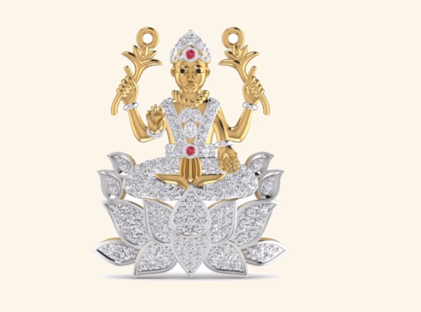 Lakshmi goddess seated on lotus, two-tone diamond pavé throne pendant.