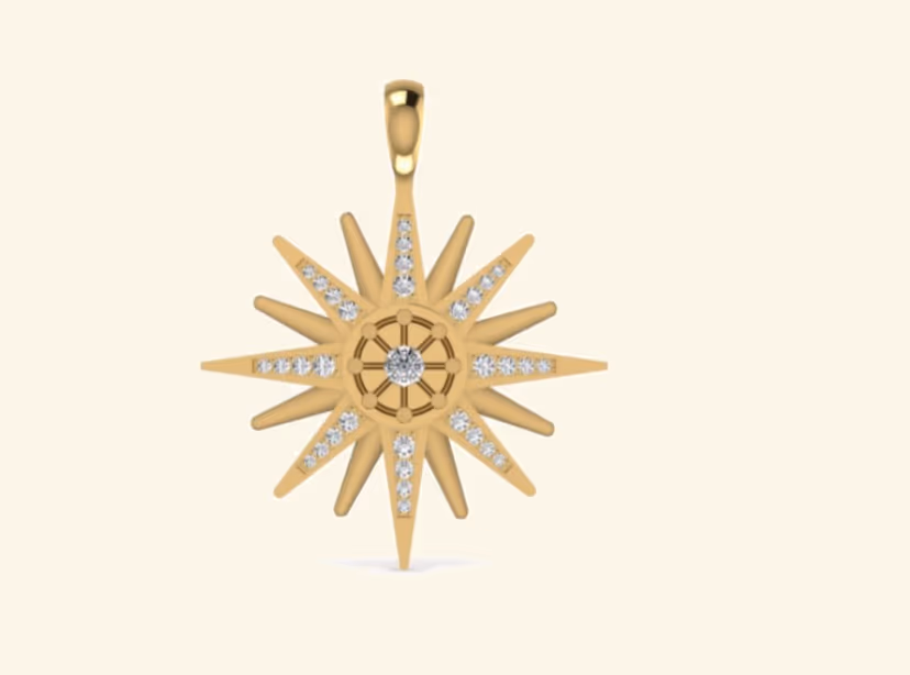 Twelve-point starburst pendant with central round and pavé rays.