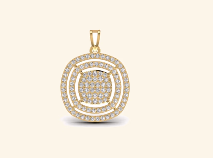 Concentric round dome pendant with central pavé disc and ring borders.