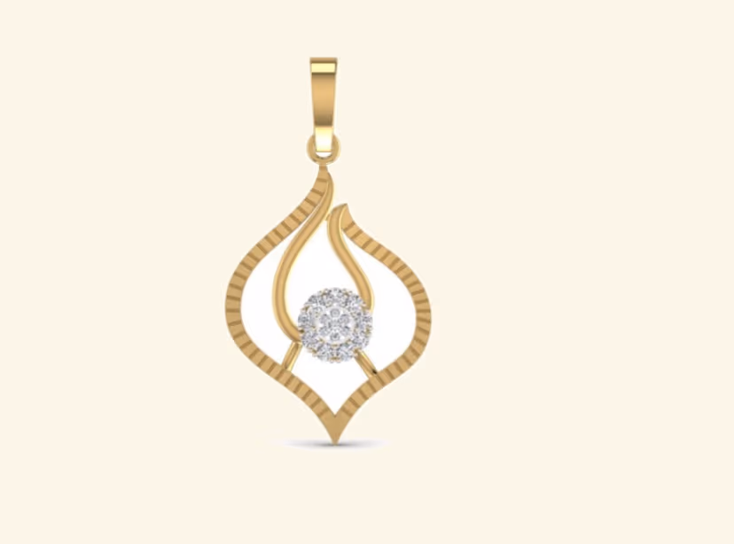 Lotus-flame pendant with central pavé cluster and ribbed gold edges.