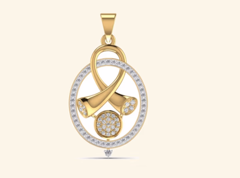 Oval pavé wreath pendant with central X-bow knot and small drop.