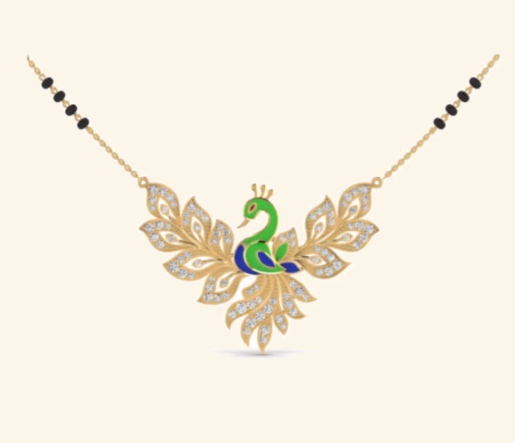 Mangalsutra centerpiece with green enamel peacock spread-tail and black-bead chain.