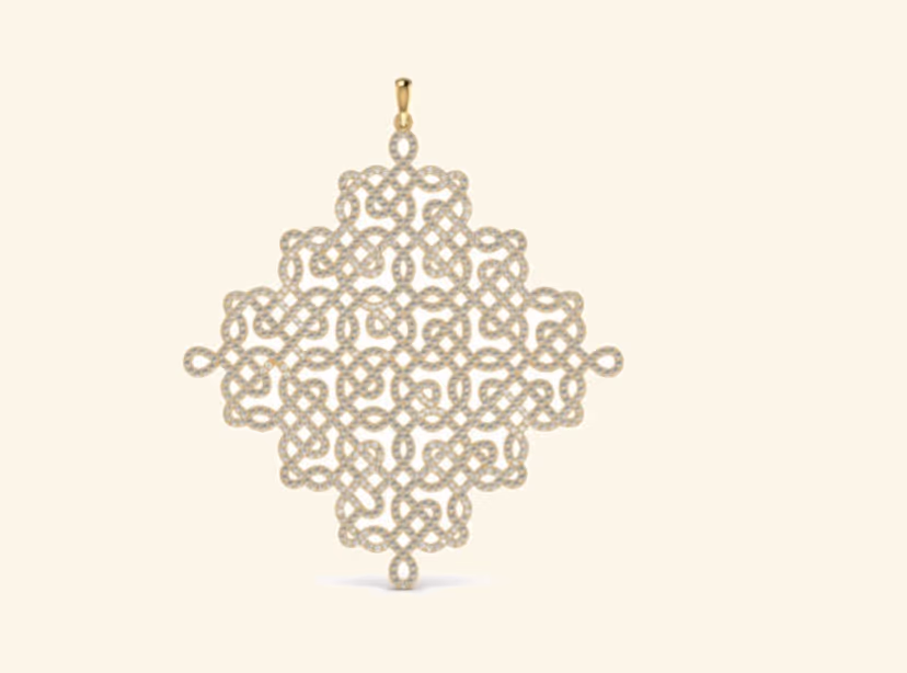 Diamond-shape Celtic-knot lattice pendant with fully pavé interlocking ribbon.