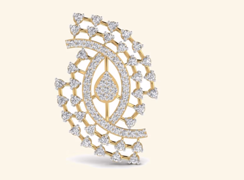 Paisley-shape openwork pendant with pavé eye centre and prong-set rim accents.