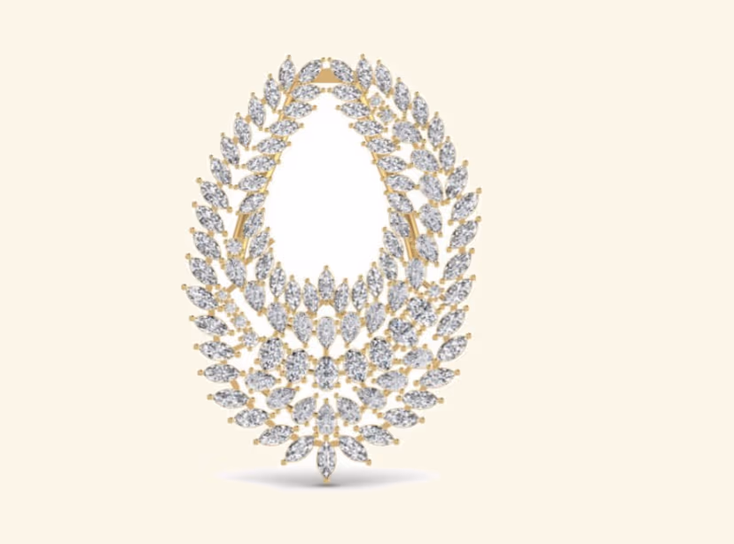 Egg-shape diamond wreath pendant with marquise-leaf wreath silhouette.