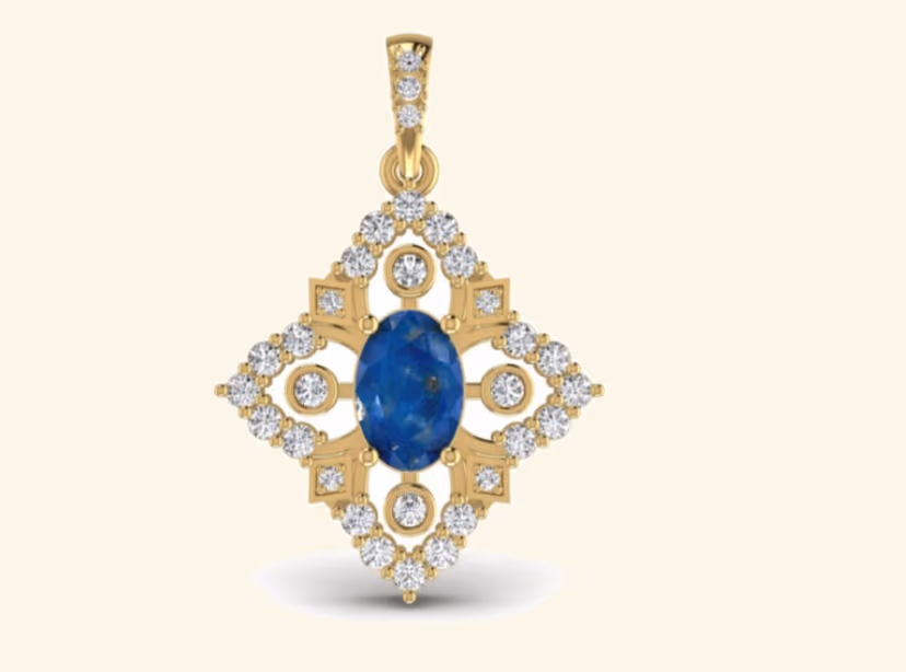 Square quatrefoil pendant with central oval blue sapphire and round corner accents.