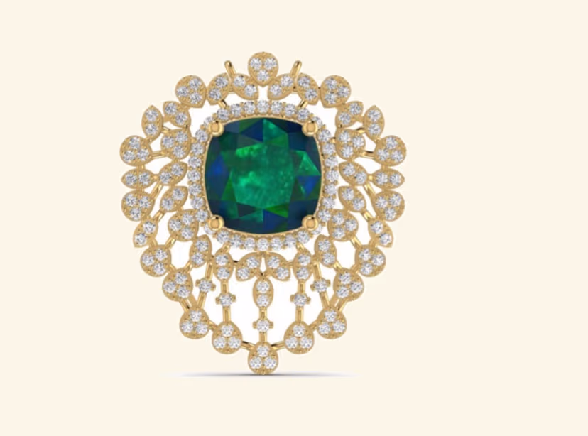 Cushion green tourmaline centre with elaborate diamond filigree halo and openwork drop.