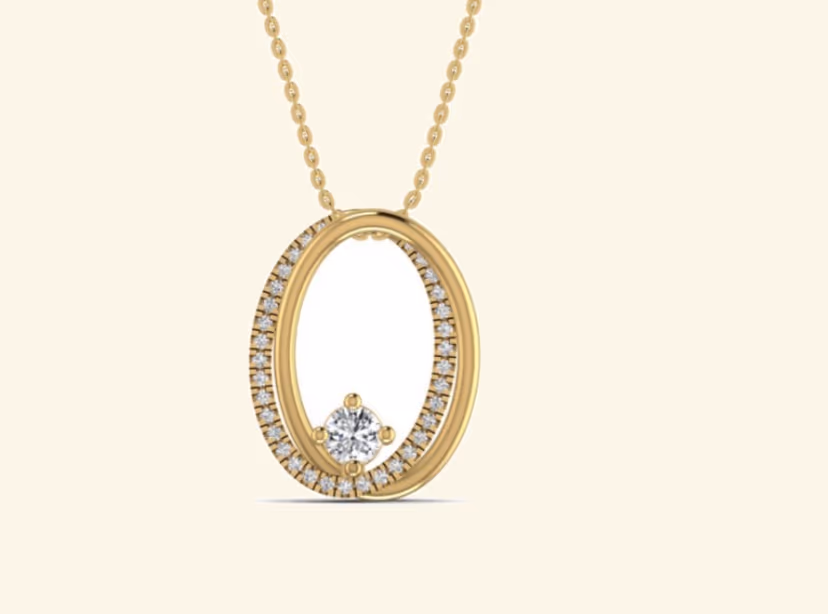 Open oval pavé frame with single dangling diamond inside the centre.