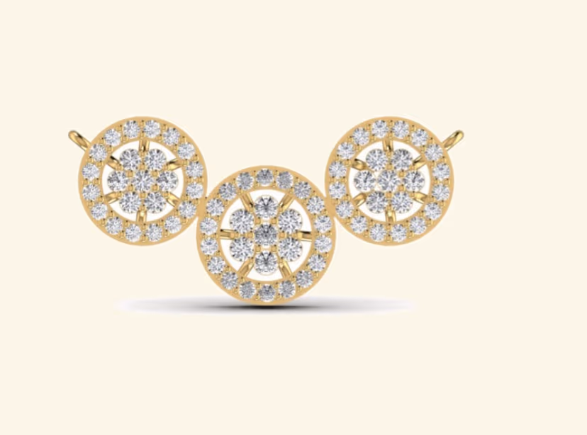 Three-medallion mangalsutra connector with pavé halos and floral cluster centres.