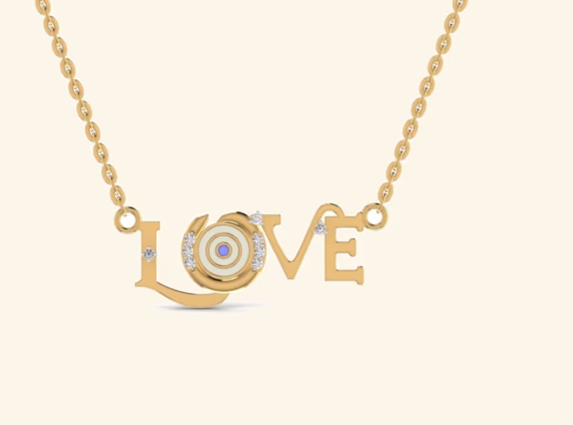 LOVE word pendant with evil-eye blue enamel O and diamond accents.