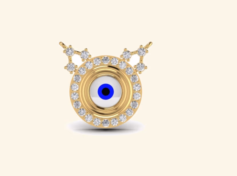 Round evil-eye pendant with pavé halo and constellation triangle accents on top.