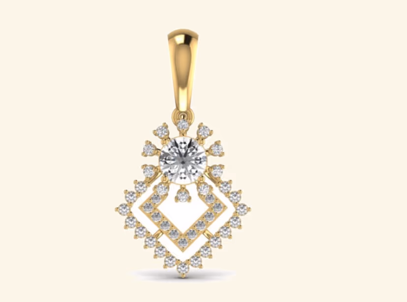 Round solitaire framed by a tilted square halo with starburst pavé radiating outward.