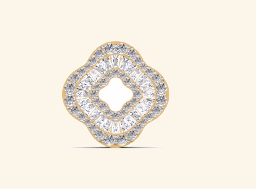 Quatrefoil clover pendant with tapered baguettes inside and pavé borders.