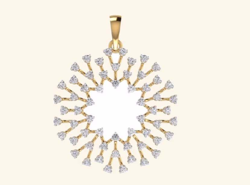 Snowflake sunburst pendant with prong-set rounds on radiating gold spokes.