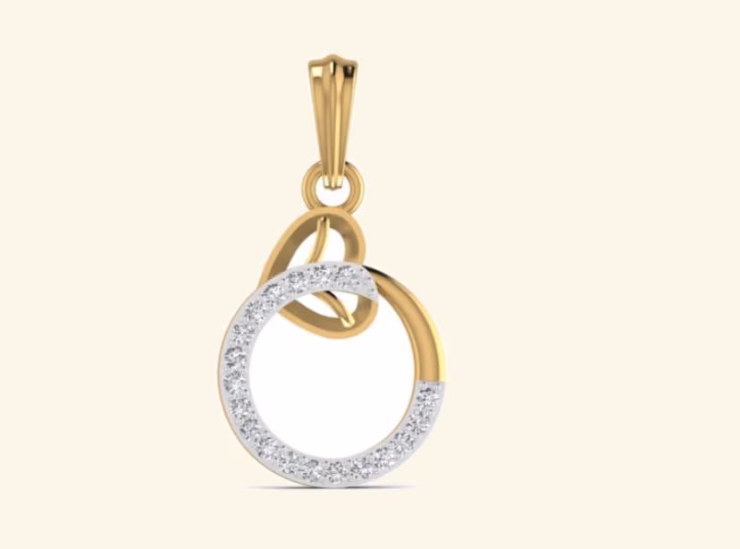 Open circle pendant with single leaf detail at top and half pavé border.
