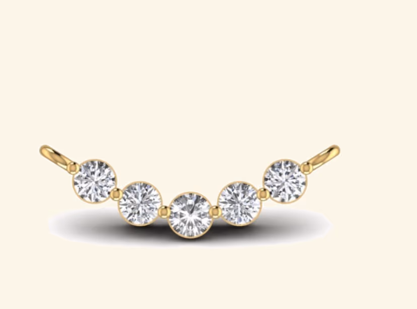 Curved five-stone graduated bezel-set bar smile pendant.