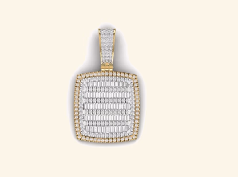 Cushion-shape baguette pavé pendant with bordered halo and pavé bail.