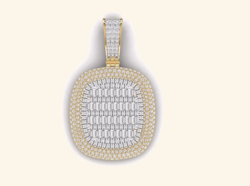 Cushion baguette-grid centre pendant with bordered pavé halo and pavé bail.