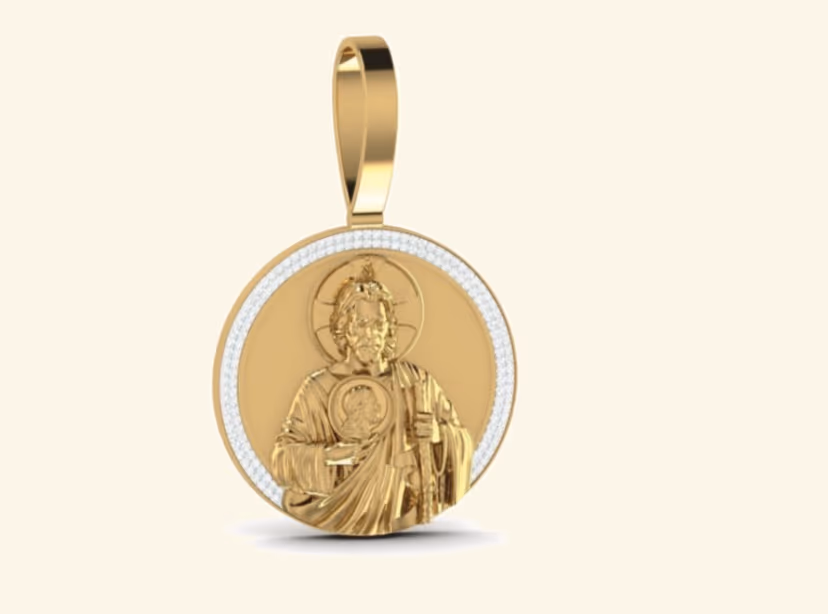 Round Christ portrait medallion pendant with pavé halo border.