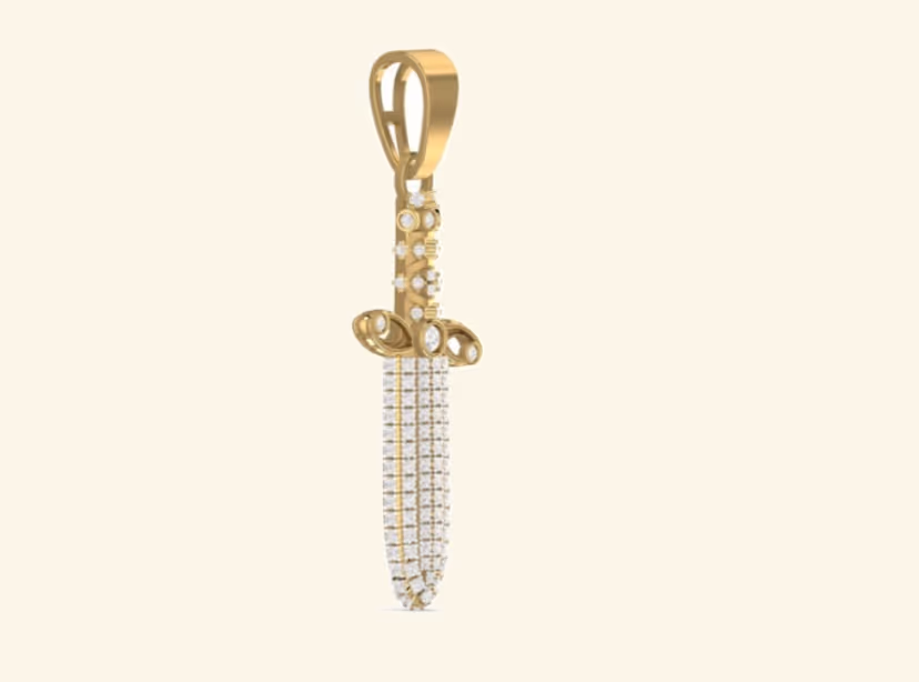Iced sword pendant with pavé blade and gold hilt.