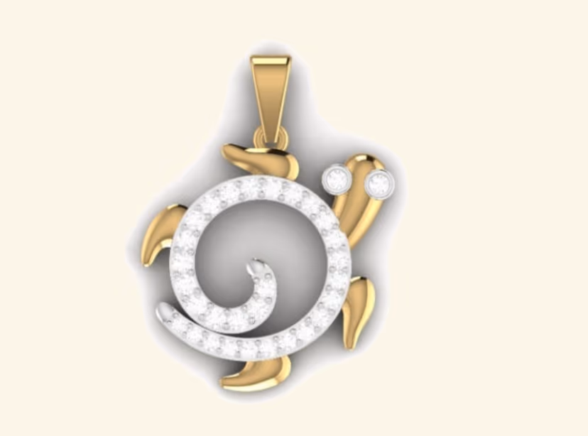Two-tone Pisces fish symbol pendant with pavé spiral and gold tails.