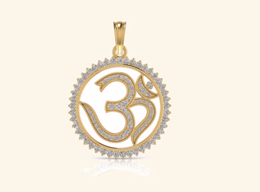Round Om symbol pendant with claw-set pavé halo border.