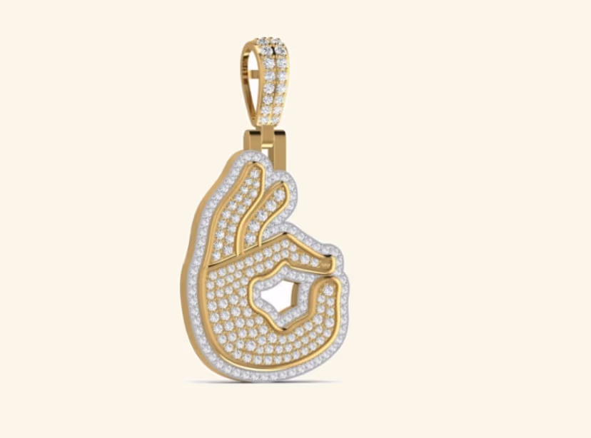 3D pavé hand OK-sign pendant with full pavé palm.